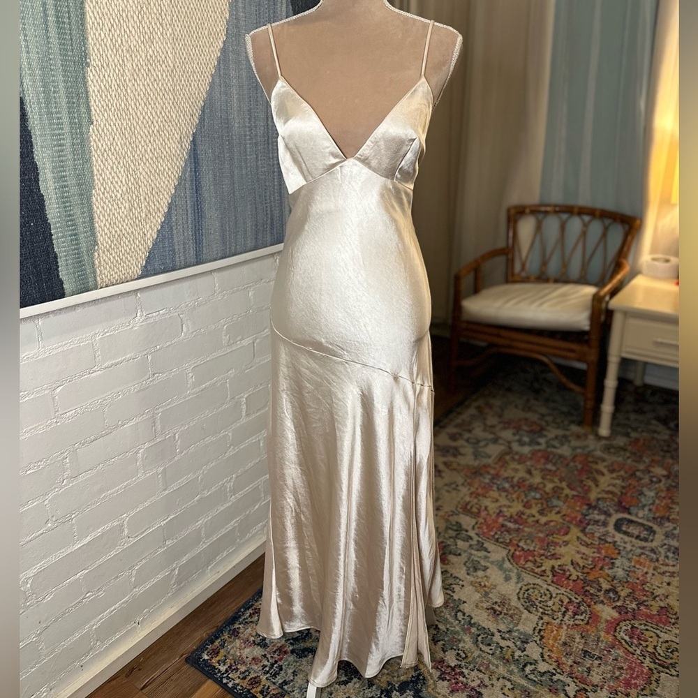 NWT Saints and Secrets Champagne Satin Finish Maxi Dress - Picture 3 of 10